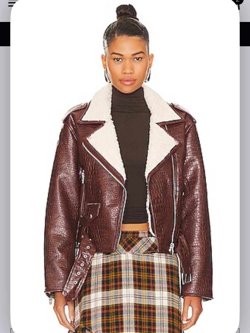 Blank NYC Brown Croc-Embossed Moto Jacket with Cream Shearling Collar